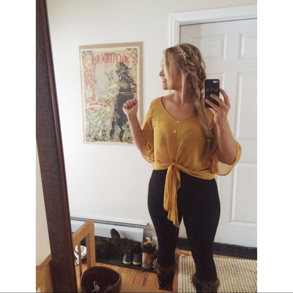 Vintage Circa 2011, Sheer, Boho, Flowy, Yellow, Tie-Up Blouse, Size Small